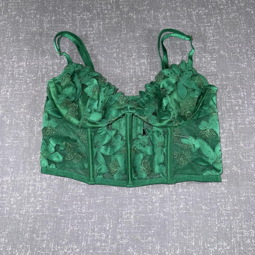 Victorias Secret Very Sexy Bustier Womens 32B XS Green Lace Floral Boned Sheer